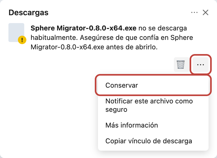 Panel de descargas de Edge con la opción Conservar